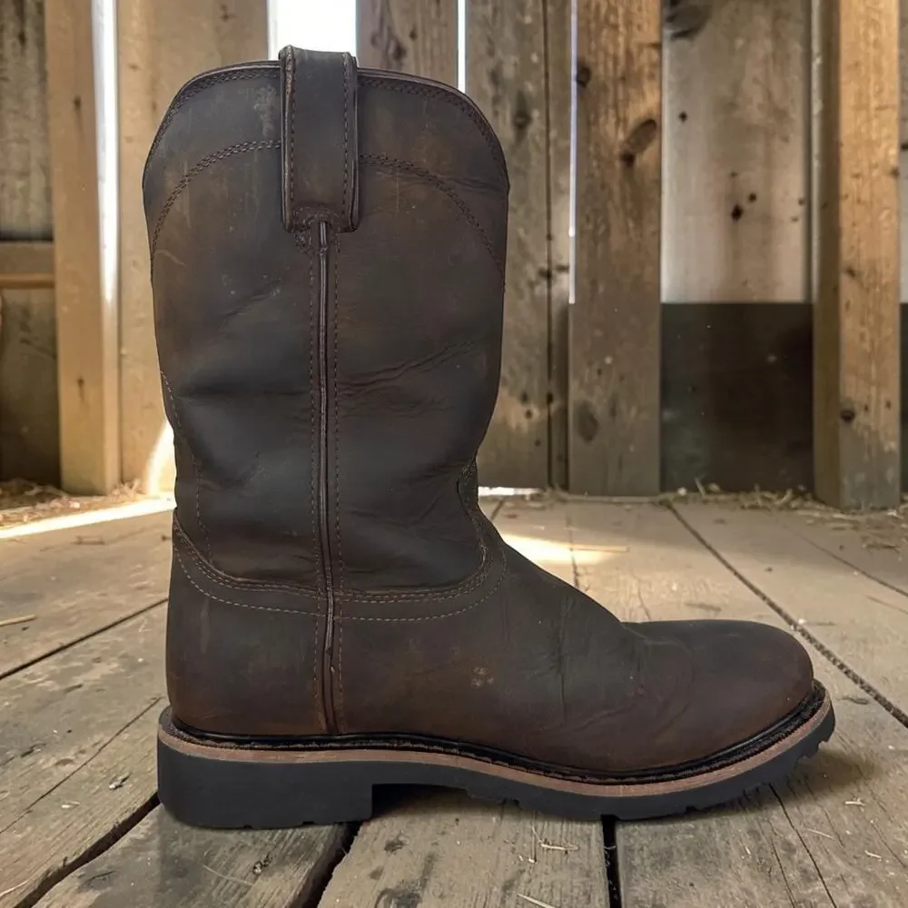 Justin Work Boots Mens 10.5 D Brown Leather Waterproof Western SE4960 Pull On EH